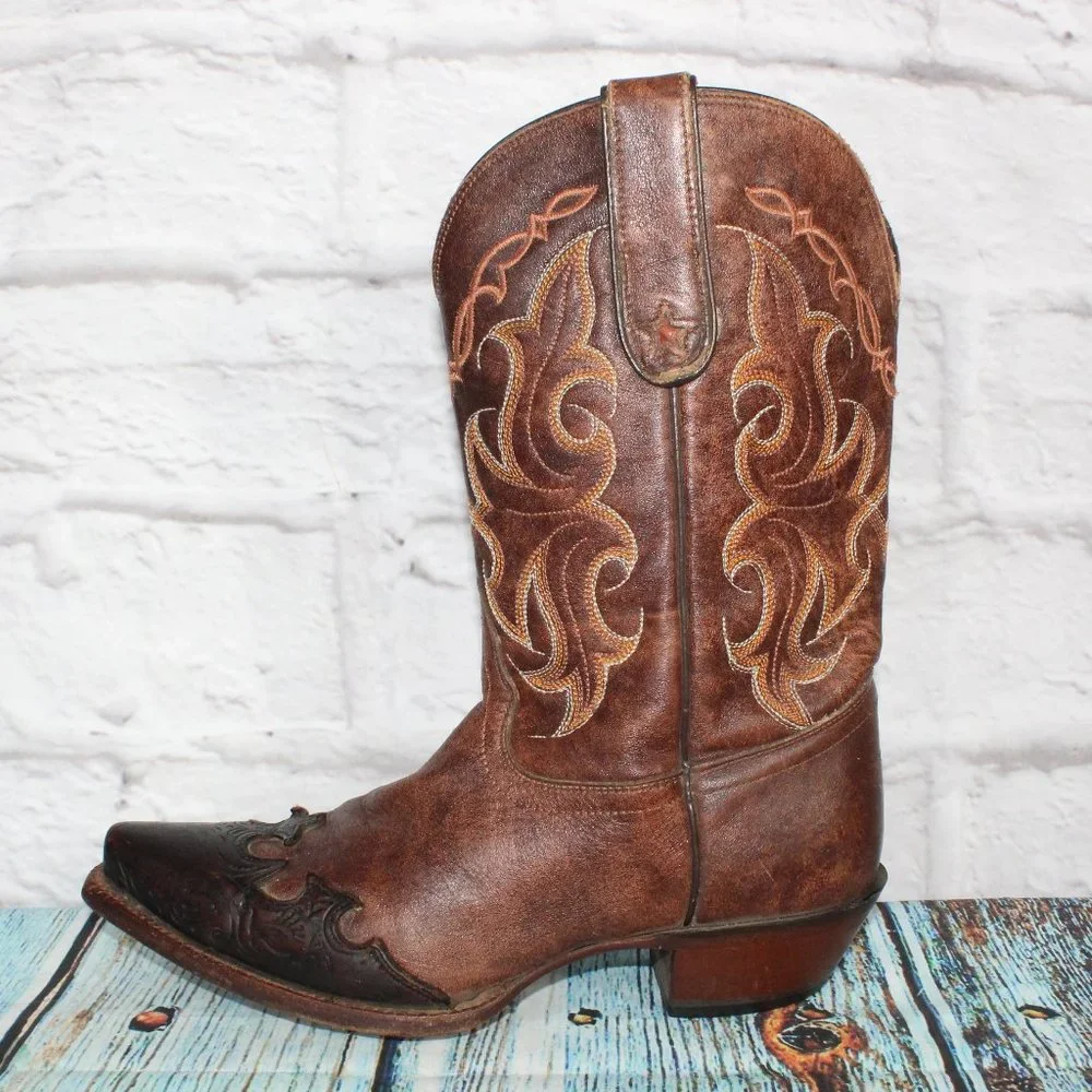 Tony Lama Santa Fe Vaquero Brown Leather Cowgirl Western Boots 8.5 B - Picture 1 of 9